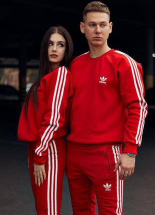 Женский спортивный костюм adidas красного цвета, комплект парный зимний на флисе