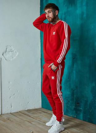 Чоловічий спортивний костюм adidas червоний на флісі зимовий світшот і штани, чоловічі теплі костюми адідас з смужками3 фото