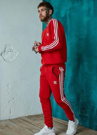 Чоловічий спортивний костюм adidas червоний на флісі зимовий світшот і штани, чоловічі теплі костюми адідас з смужками4 фото