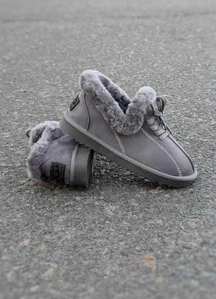 Серые укороченные угги автоледи ботинки на меху теплые мокасины слипоны1 фото