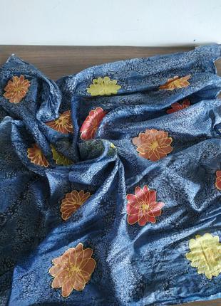 Meier seide темно-синий шелковый шарф/ платок индиго, шаль с цветочным рисунком оранжевый / желтый