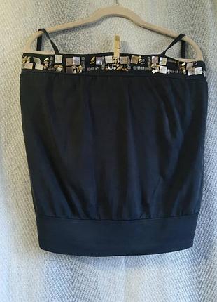 Розшита натуральними каменями 100% шовк. жіноча чорна шовкова майка з вишивкою камінням