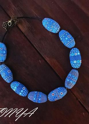 Колье голубое в этническом стиле с крупными бусинами, колье голубое, колье скандинавский рисунок