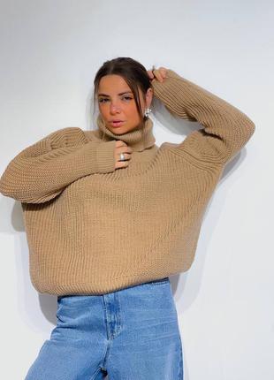 Вовняний светр, джемпер, светр з горлом, об'ємний светр, светр великої в'язки оверсайз, 7 кольорів, теплий светр, тепла в'язана кофта3 фото