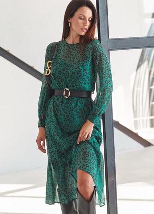 Шифонова сукня-міді з анімалістичним принтом зелене2 фото