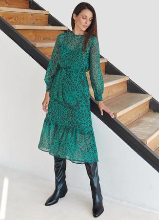 Шифонова сукня-міді з анімалістичним принтом зелене5 фото
