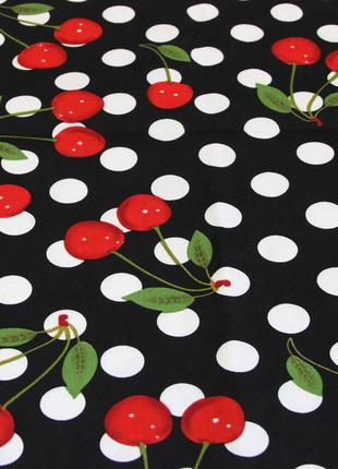 Коттон хлопок с эластаном наутральный красные вишни на черном фоне с горошком белого цвета bh 7