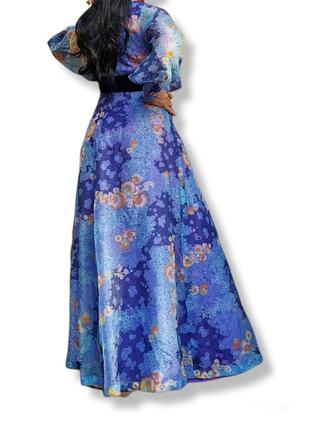 Винтажное платье из органзы в принт цветы с открытой макси длинное расклешенное вечернее для фотосессии ретро рукав буф5 фото