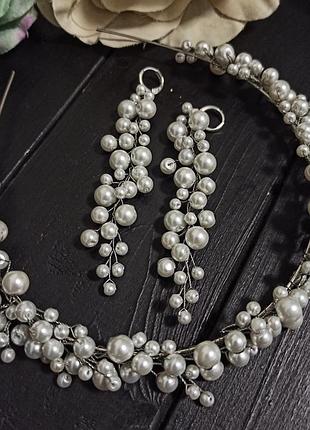 Набір сережки та обідок для нареченої у білому кольорі