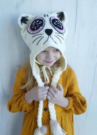 Зимняя шапка кошка для девочки5 фото