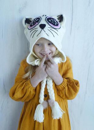 Зимняя шапка кошка для девочки2 фото