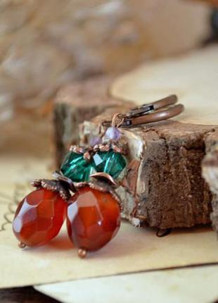 Сережки з сердоліком, яскраві жіночі сережки, сережки в подарунок, помаранчеві сережки, мідні сережки, подарунок для дівчини, сережки з натурального каменю