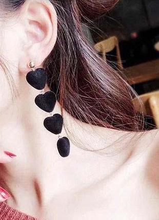 Сережки серця чорні оксамитові, 8,5 см