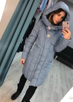 Стильное женское голубое пальто с оборками и поясом размер m, l,xl еврозима