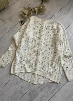 Нарядный шерстяной свитер джемпер шерсть ажурный молочного цвета