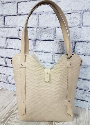 Сумка велика жіноча натуральна шкіра, слонова кістка плетінка 1690