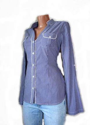 Стильна сорочка блузка з довгим рукавом в дрібну смужку стійкою воріт / 82 фото