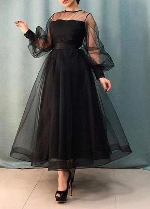 Вечірня чорна сукня з сіткою
