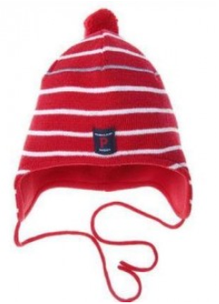 Красная в белую полоску зимняя шерстяная шапка с помпоном на флисе  polarn o.pyret швеция на 4-9 мес1 фото
