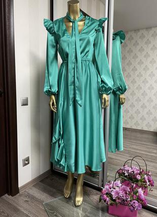Сатиновое платье миди с горловиной на завязке и юбкой с оборками asos5 фото