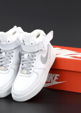 💠nike air force reflective white high💠женские белые зимние кроссовки найк с мехом, рефлективные кроссовки, жіночі зимні кросівки