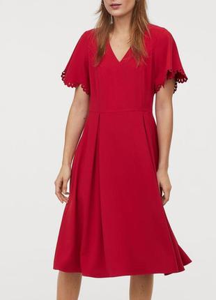 H&m платье с вырезом красное миди свободная юбка рукава с тиснением2 фото
