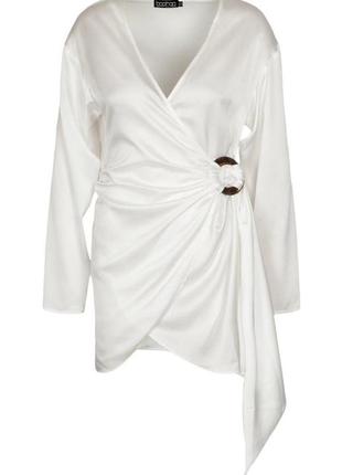 Атласна біла сукня сорочка на запах2 фото