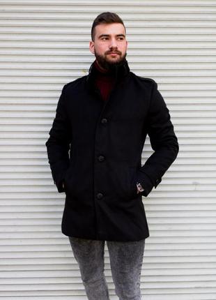 Стильное мужское утеплённое черное пальто кашемир