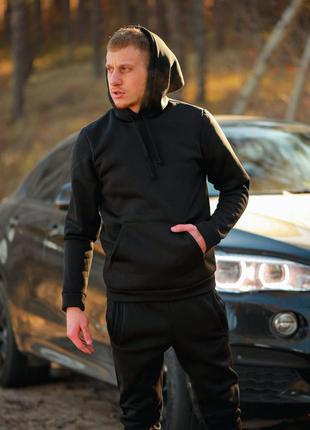 Мужской однотонный черный спортивный костюм утеплённый на флисе, костюм на парня худи и штаны3 фото