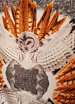 Красивый шелковый большой восточный серый серебристый коричневый платок сова с совой перья восточный узор пейсли орнамент4 фото