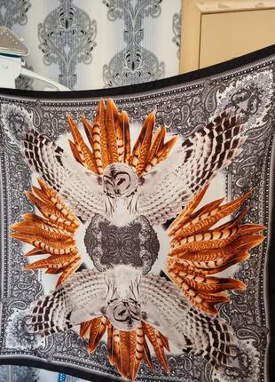 Красивый шелковый большой восточный серый серебристый коричневый платок сова с совой перья восточный узор пейсли орнамент1 фото
