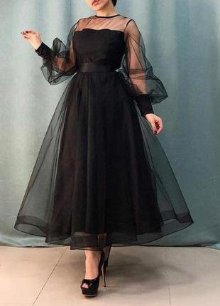 Шикарное вечернее длинное платье в стиле армани с обьемными рукавами