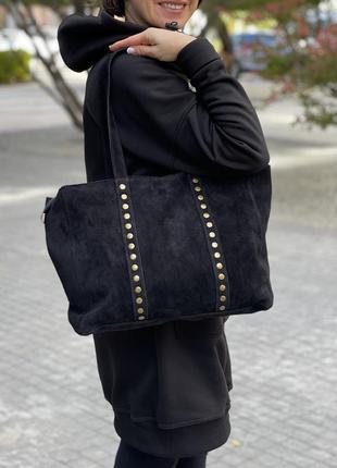 Чорна замшева чорна сумка-шопер на плече, італія2 фото