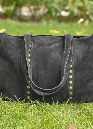 Чорна замшева чорна сумка-шопер на плече, італія6 фото
