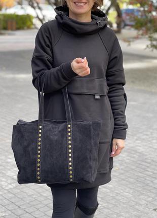 Чорна замшева чорна сумка-шопер на плече, італія3 фото