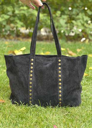 Чорна замшева чорна сумка-шопер на плече, італія1 фото