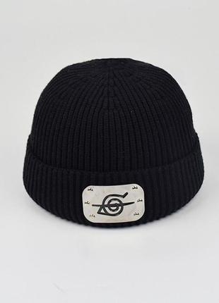 Шапка біні аніме наруто з металевим значком чорна