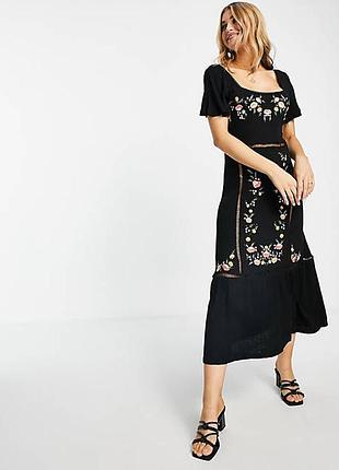 Роскошное натуральное платье с вышивкой asos design! вышиванка! вышитое в цветы!