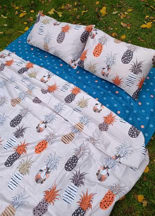 Двуспальный комплект постельного белья ананасы, сатин 100% хлопок