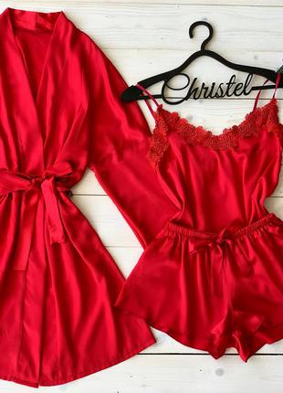 S комплект 068 christel шелковый халат и пижама майка шорты с кружевом красный7 фото
