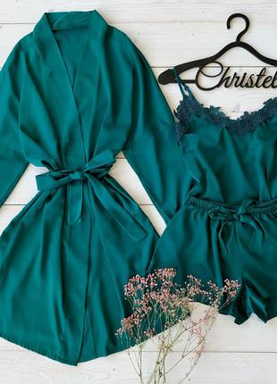 S комплект 068 christel шелковый халат, пижама майка шорты с кружевом зеленый3 фото