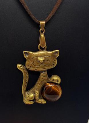 😸🐯 оригинальный кулон на шнурке "бронзовый котик" с натуральным камнем тигровый глаз9 фото