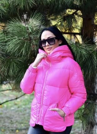 Яскрава куртка холофайбер рожева бірюзова з капюшоном6 фото