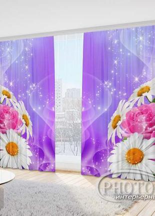 Фото шторы "розы с ромашками" 2,7м*2,9м (2 полотна по 1,45м), тесьма