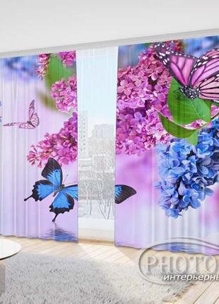 Фото шторы  "сирень и бабочки" 2,7*5,0м (2 полотна по 2,5м), тесьма