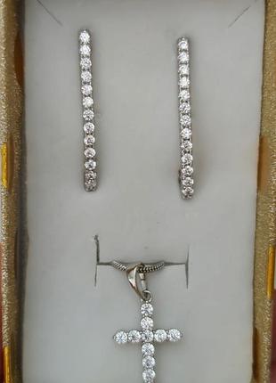 Набір сережки хрест хрестик підвіска ланцюжок цирконій родій сріблення блискучий xuping