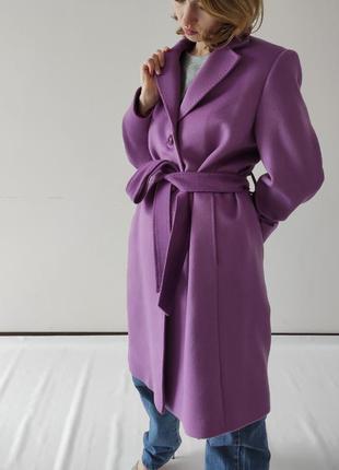 Лавандове пальто з шерстю та кашеміром на підкладі з поясом5 фото