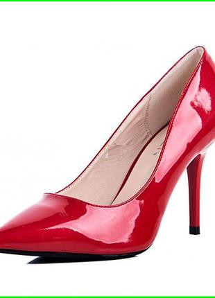 Женские красные туфли на каблуке шпильке лаковые класические лодочки