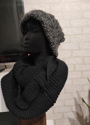 Вязаный, теплый, объемный шарф снуд черного цвета2 фото