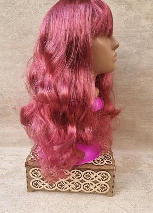 Перука довгий в'юнкий бордовий кучерявий парик бордо з чубком